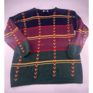 Vintage Princeton Club Sweater Mens Medium Blue Green Red Cable Fisherman 90s